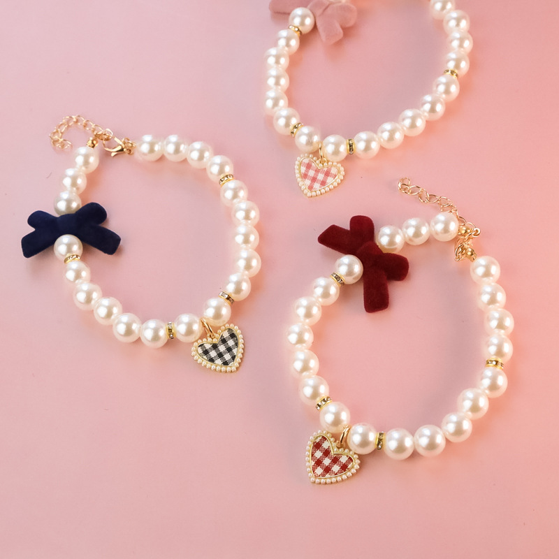 Dog Collar Soft Padded Pet Collar Adjustable small cat dog plaid heart pearl retro high-quality texture bow necklace