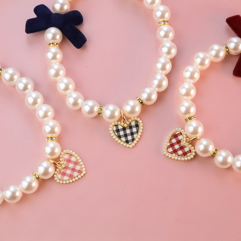 Dog Collar Soft Padded Pet Collar Adjustable small cat dog plaid heart pearl retro high-quality texture bow necklace