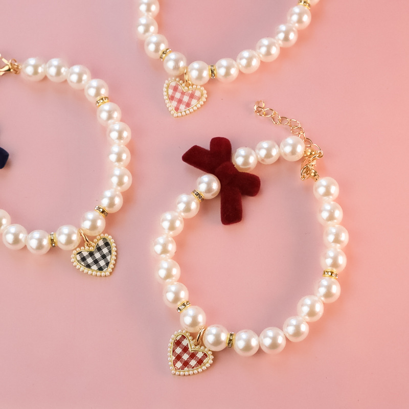 Dog Collar Soft Padded Pet Collar Adjustable small cat dog plaid heart pearl retro high-quality texture bow necklace