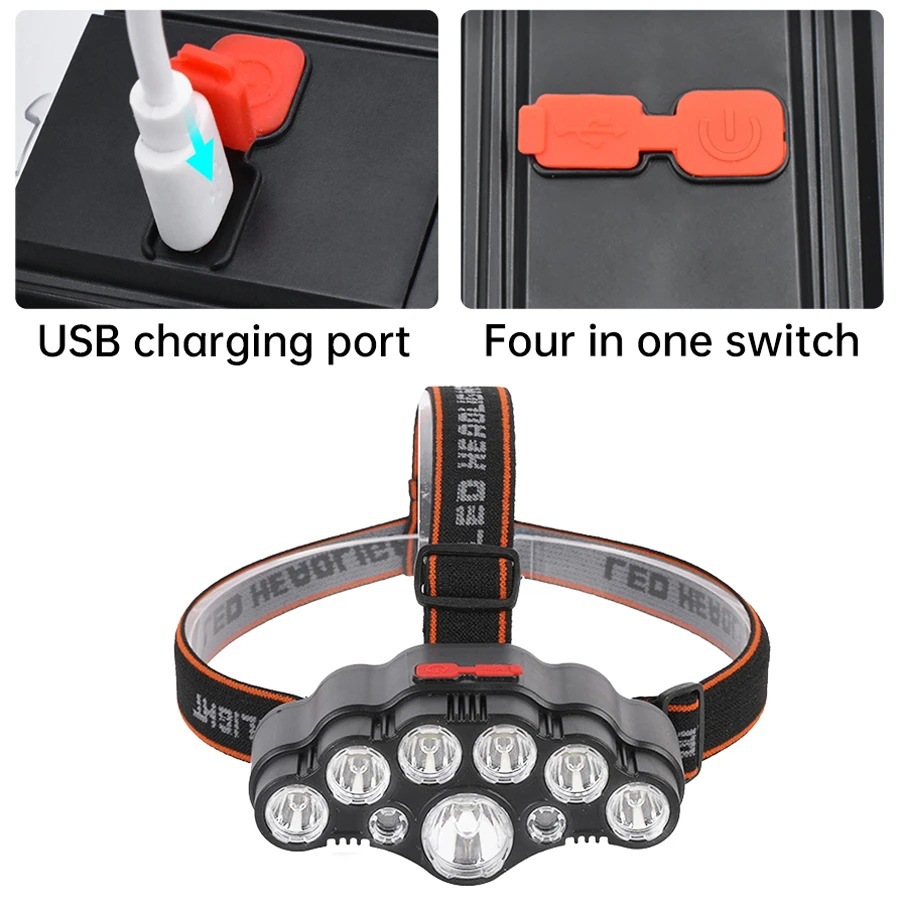 9 LED Headlamp Strong Light Head Lamp USB Rechargeable Headlight Built-in 18650 Battery Fishing Flashlight Outdoor Lantern