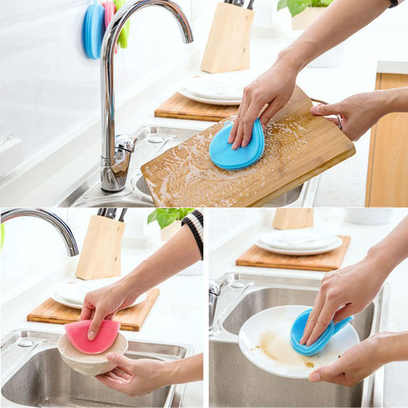 5pcs of Kitchen Silicone Dishwashing Brush Heat Pads Fruit Vegetable Cleaning Brushes Potholder