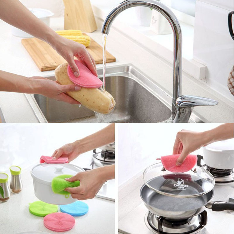 5pcs of Kitchen Silicone Dishwashing Brush Heat Pads Fruit Vegetable Cleaning Brushes Potholder