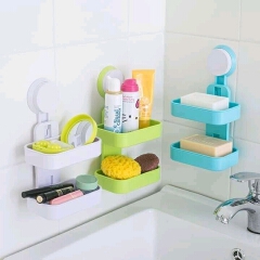 Bathroom double soap holder.sticks with suction on tiles