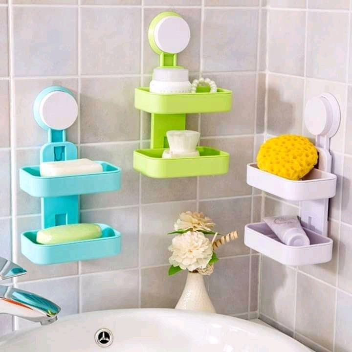 Bathroom double soap holder.sticks with suction on tiles