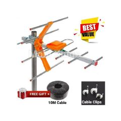 Digital TV Aerial + 10mtr Cable + Free Cable Clips Silver one size