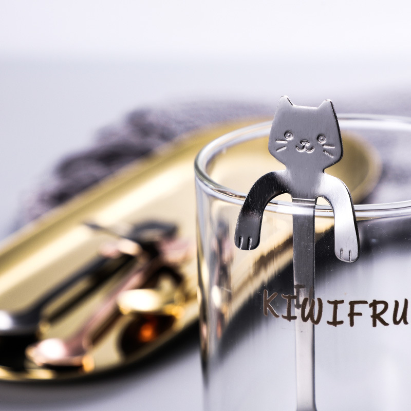 2PC Stainless Steel Coffee Spoon Lovely Cute Cat Shape Teaspoon Dessert Snack Scoop Ice Cream