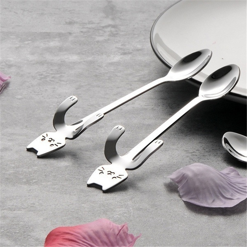 2PC Stainless Steel Coffee Spoon Lovely Cute Cat Shape Teaspoon Dessert Snack Scoop Ice Cream