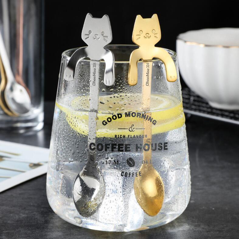 2PC Stainless Steel Coffee Spoon Lovely Cute Cat Shape Teaspoon Dessert Snack Scoop Ice Cream
