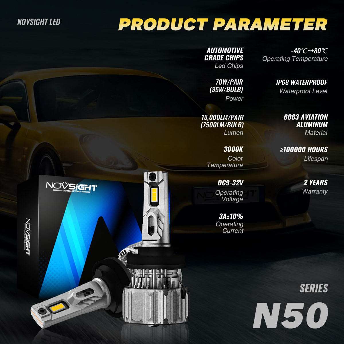 NOVSIGHT H8 LED H11 H9 Car Headlight Bulb 70W 15000LM 3000K LED Lamp 12V with Fan Design Plug and Play Headlamp Auto Accessories