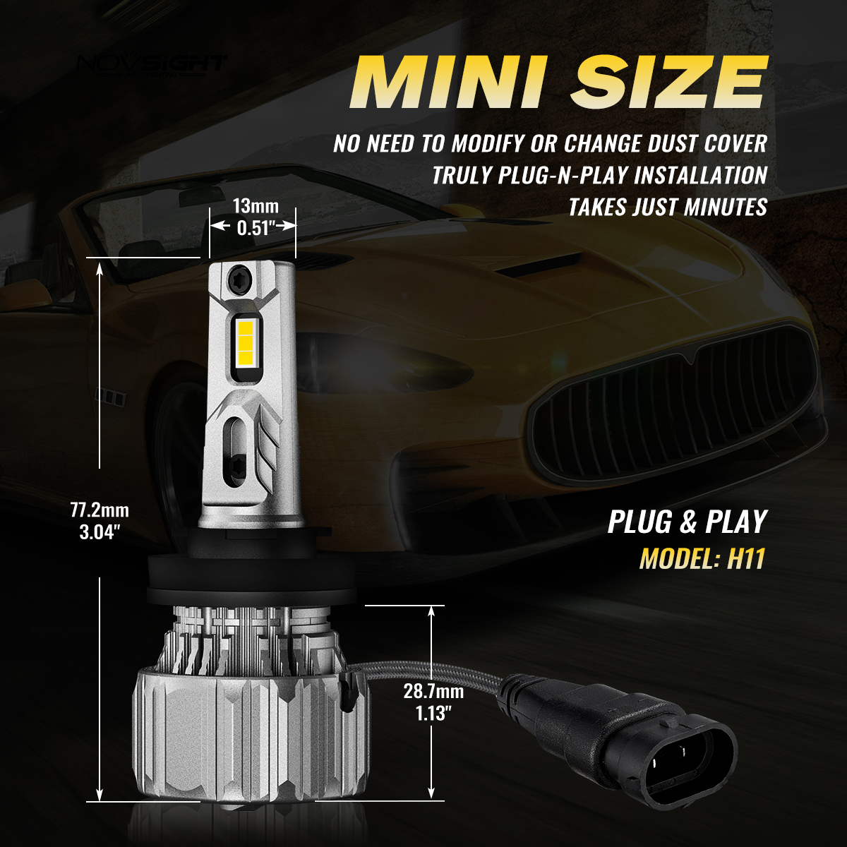 NOVSIGHT H11 LED Bulbs H8 H9 Car Headlight Bulbs 70W 15000LM 3000K LED Lamp 12V with Fan Mini Size Headlamp Auto Accessories