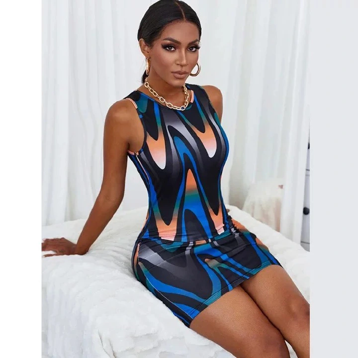 Summer clothes women's casual round neck sleeveless knitted printed dress slim african dresses women