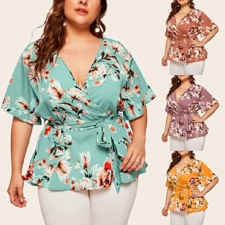 Ladies' plus-size V-neck short sleeve printed chiffon loose with waistband deep V shirt