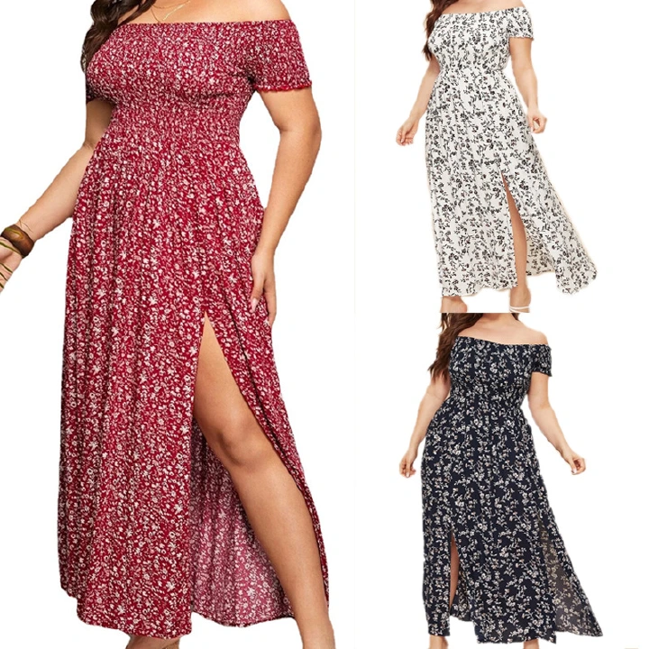 Summer Women Elegant Dress Plus Size 4xl Off Shoulder Floral Print Short Sleeves Maxi Dresses Split Thigh Dress