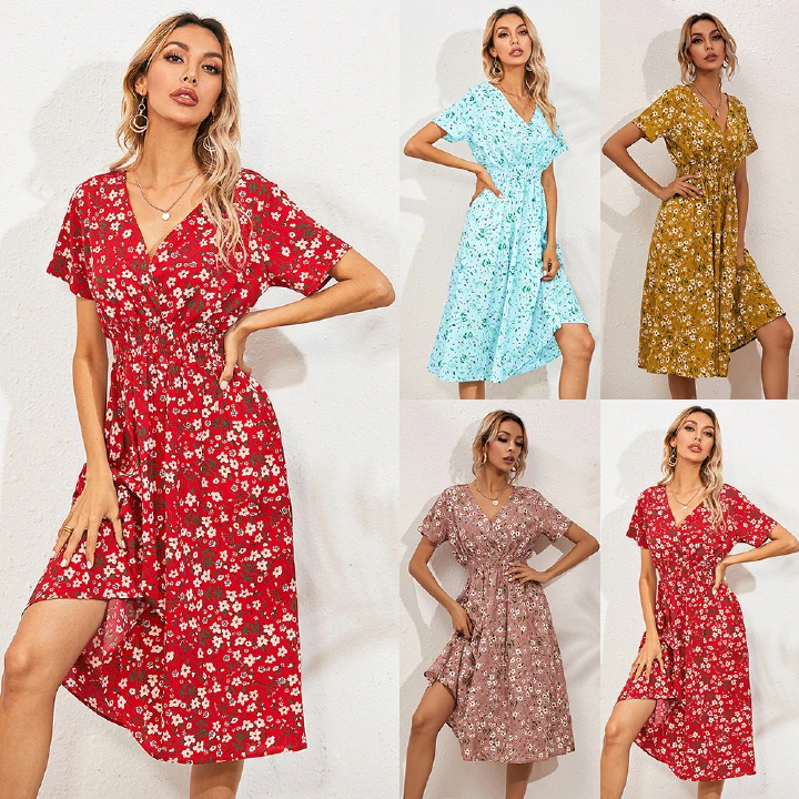 Summer Bohemia Floral Dress Women Casual V Neck Short Sleeve Tunic Waist Hem A-Line Skirts Sandbeach Holiday Dresses Ladies