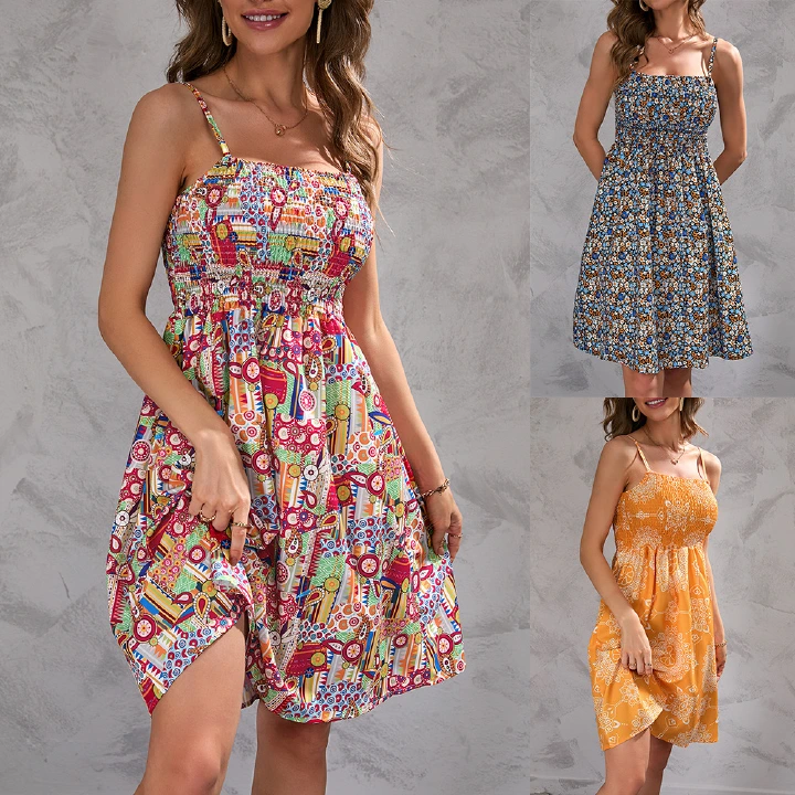 Sexy casual women fashion dress Summer new girls' floral sling sleeveless dress for women's printed dress