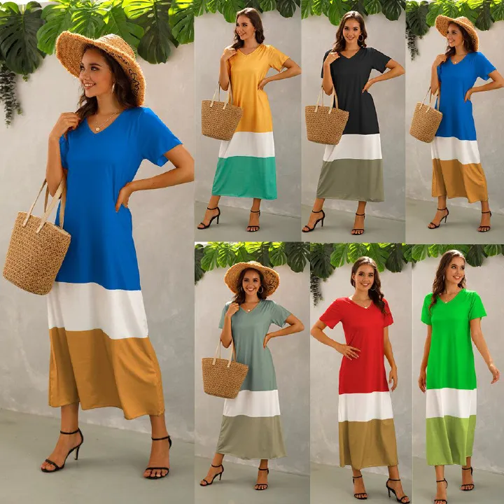 Hot Sell New Fashion Summer Splicing V-neck Short Sleeve long Dress For Women