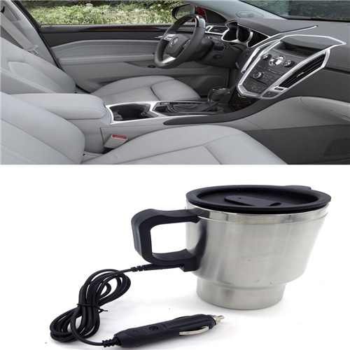 Mini Thermal Mug Hot Drink Travel Cup Portable 12V Stainless Steel Silver Heating Car Drink Mug