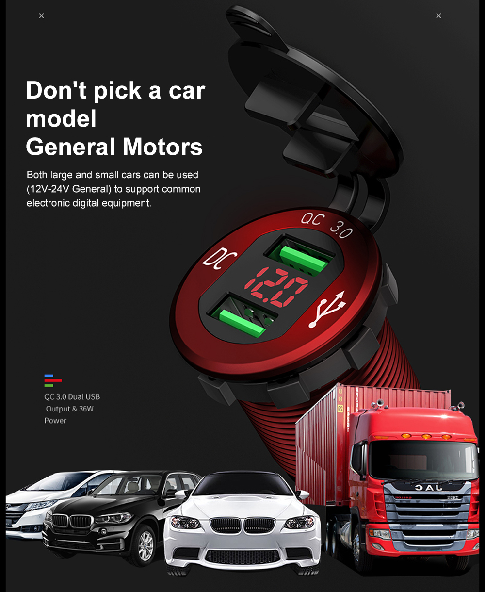 For Car Boat Quick Charge 3.0 Dual USB Charger Waterproof Socket Power Outlet Fast Charge