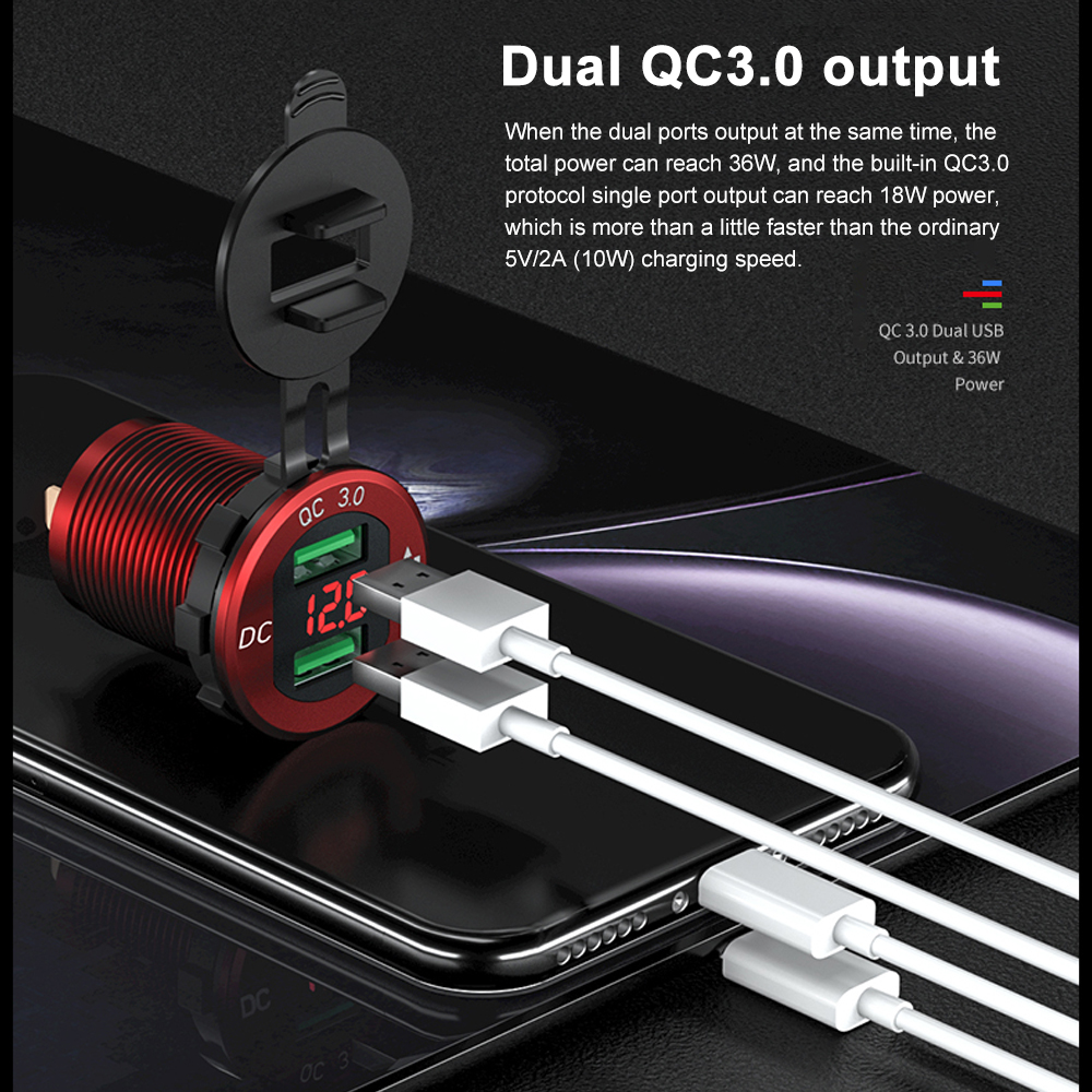 For Car Boat Quick Charge 3.0 Dual USB Charger Waterproof Socket Power Outlet Fast Charge