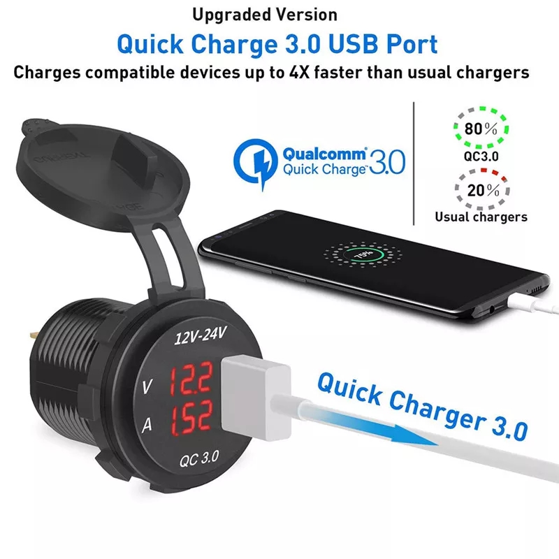 New Car Boat Marine QC 3.0 USB Charger Socket Power Outlet Digital Voltmeter