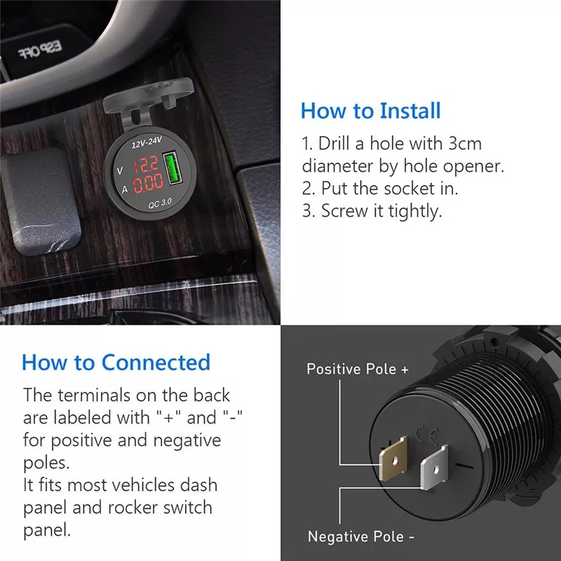 New Car Boat Marine QC 3.0 USB Charger Socket Power Outlet Digital Voltmeter