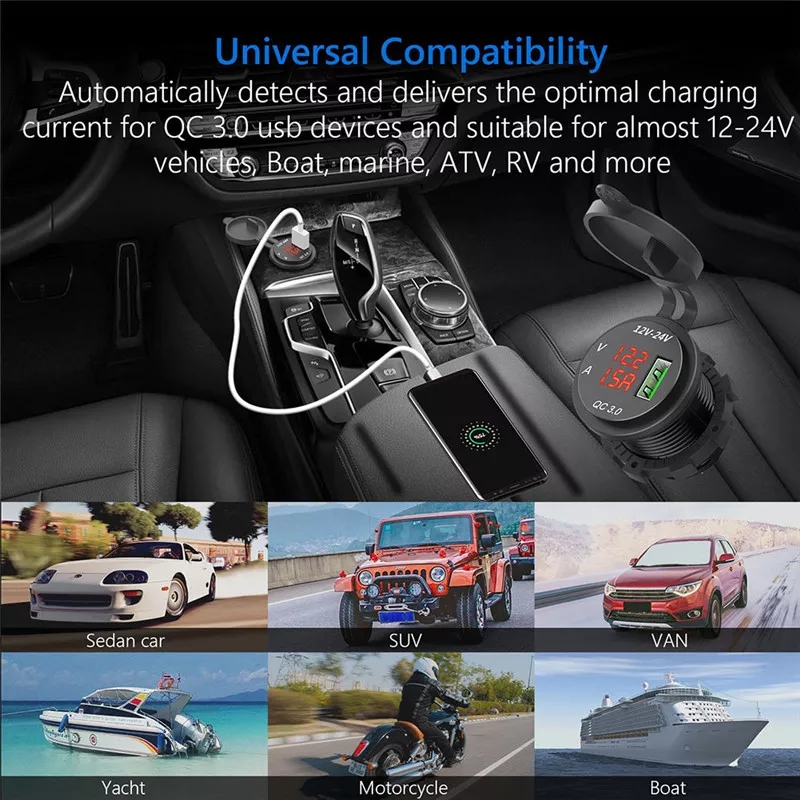 New Car Boat Marine QC 3.0 USB Charger Socket Power Outlet Digital Voltmeter