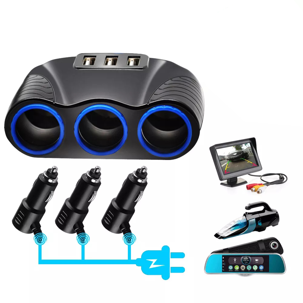 New 12V-24V Universal Car 3 Socket Car Splitter Cigarette Lighter Socket 3 Ports USB Charger Power Adapter