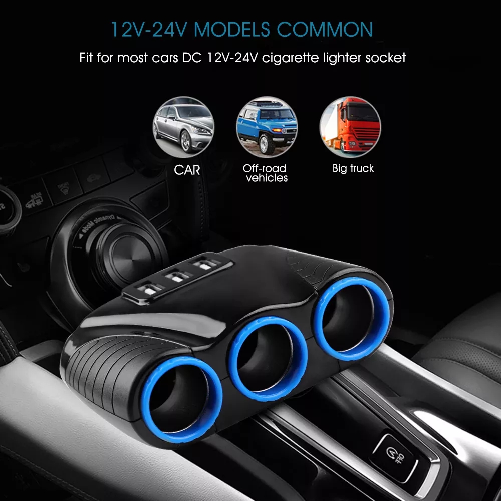 New 12V-24V Universal Car 3 Socket Car Splitter Cigarette Lighter Socket 3 Ports USB Charger Power Adapter