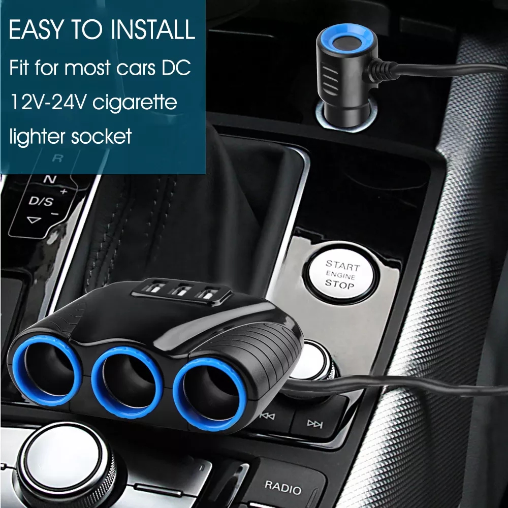 New 12V-24V Universal Car 3 Socket Car Splitter Cigarette Lighter Socket 3 Ports USB Charger Power Adapter