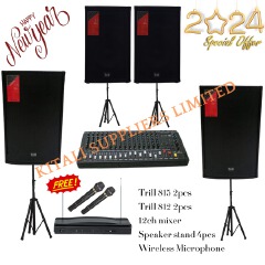 TRILL Public address system Trill 815 2pcs, Trill 812 2pcs, 12ch mixer, Speaker stand 4pcs, Wireless Microphone
