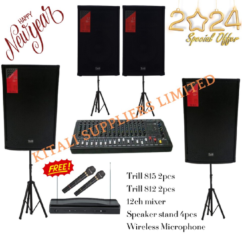 TRILL Public address system Trill 815 2pcs, Trill 812 2pcs, 12ch mixer, Speaker stand 4pcs, Wireless Microphone