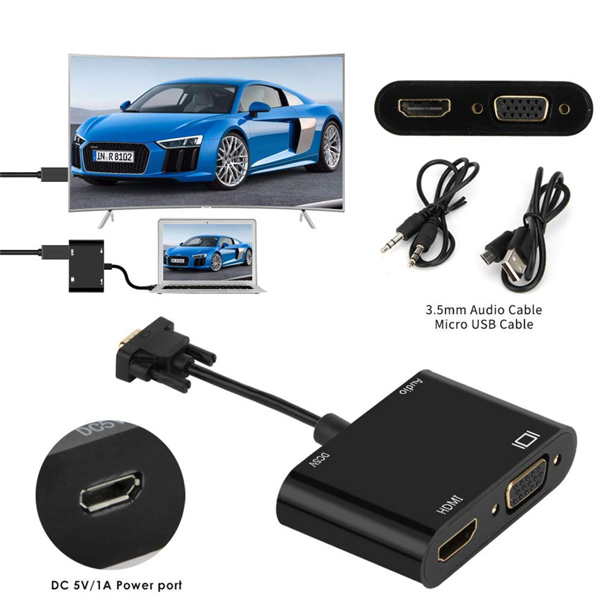 VGA to VGA HDMI 3 in 1 Adapter Splitter Dual Display With 3.5mm Audio Converter for PC Projector HDTV Multi-port VGA Adapter