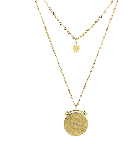Center of the Universe Vintage Delicate Ancient Roman Engraved CZ Coin Pendant Multiple Layer Beads Chain  Star Necklace