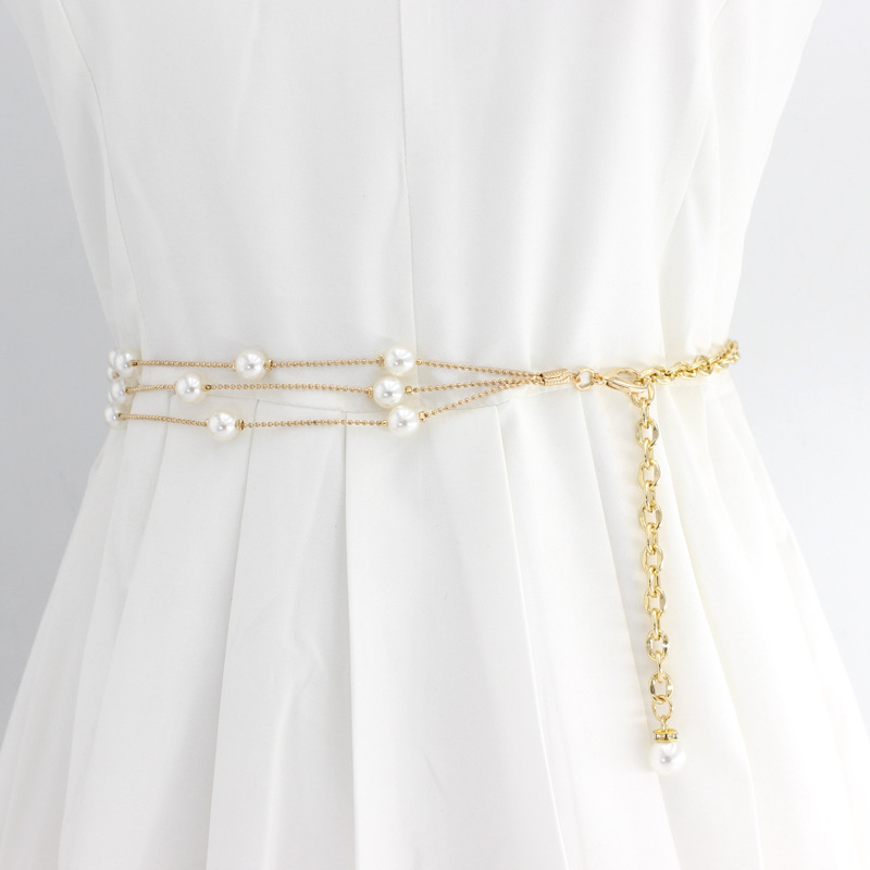 Pearl Thin Long Belt For Women Elegant Gold Metal Chain Body Belts Dress Decor Adjustable Female Waist Bands