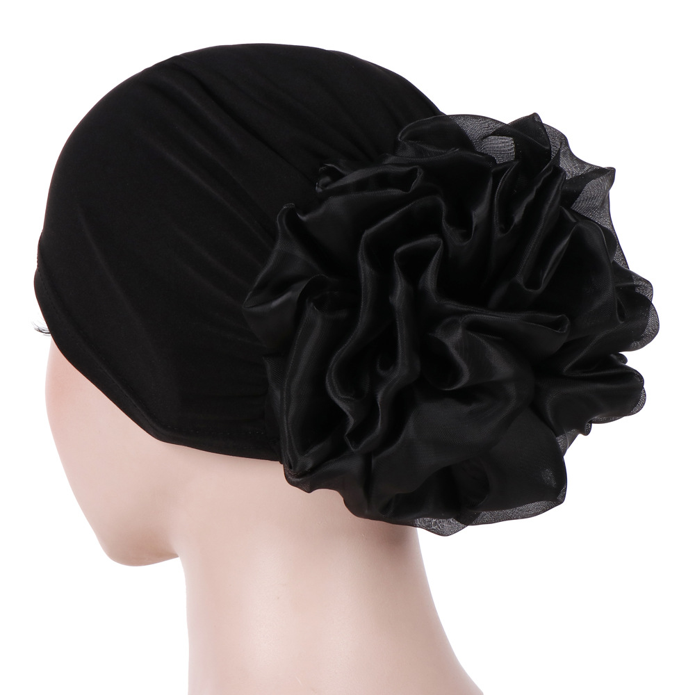 Muslim monochrome large flower headscarf hat milk silk Baotou hat plate flower hat