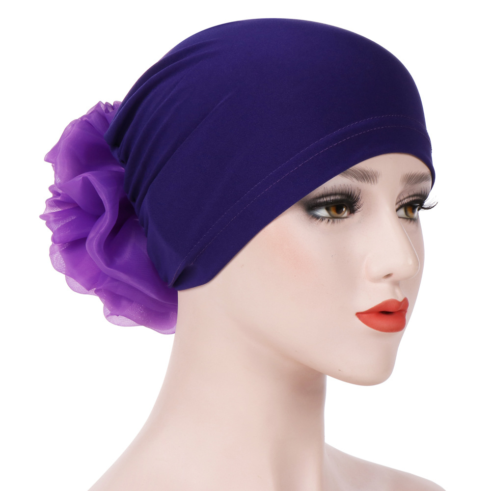 Muslim monochrome large flower headscarf hat milk silk Baotou hat plate flower hat