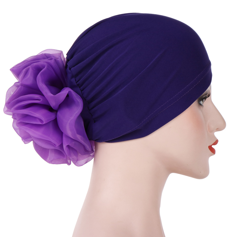 Muslim monochrome large flower headscarf hat milk silk Baotou hat plate flower hat