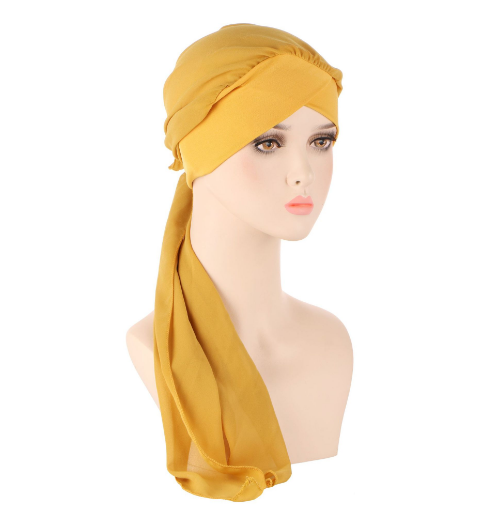 Muslim fabric forehead cross toe cap Solid color fashion chiffon long tail cap