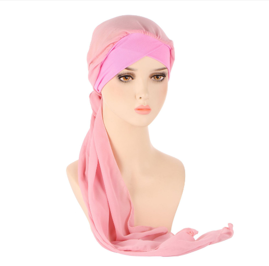 Muslim fabric forehead cross toe cap Solid color fashion chiffon long tail cap