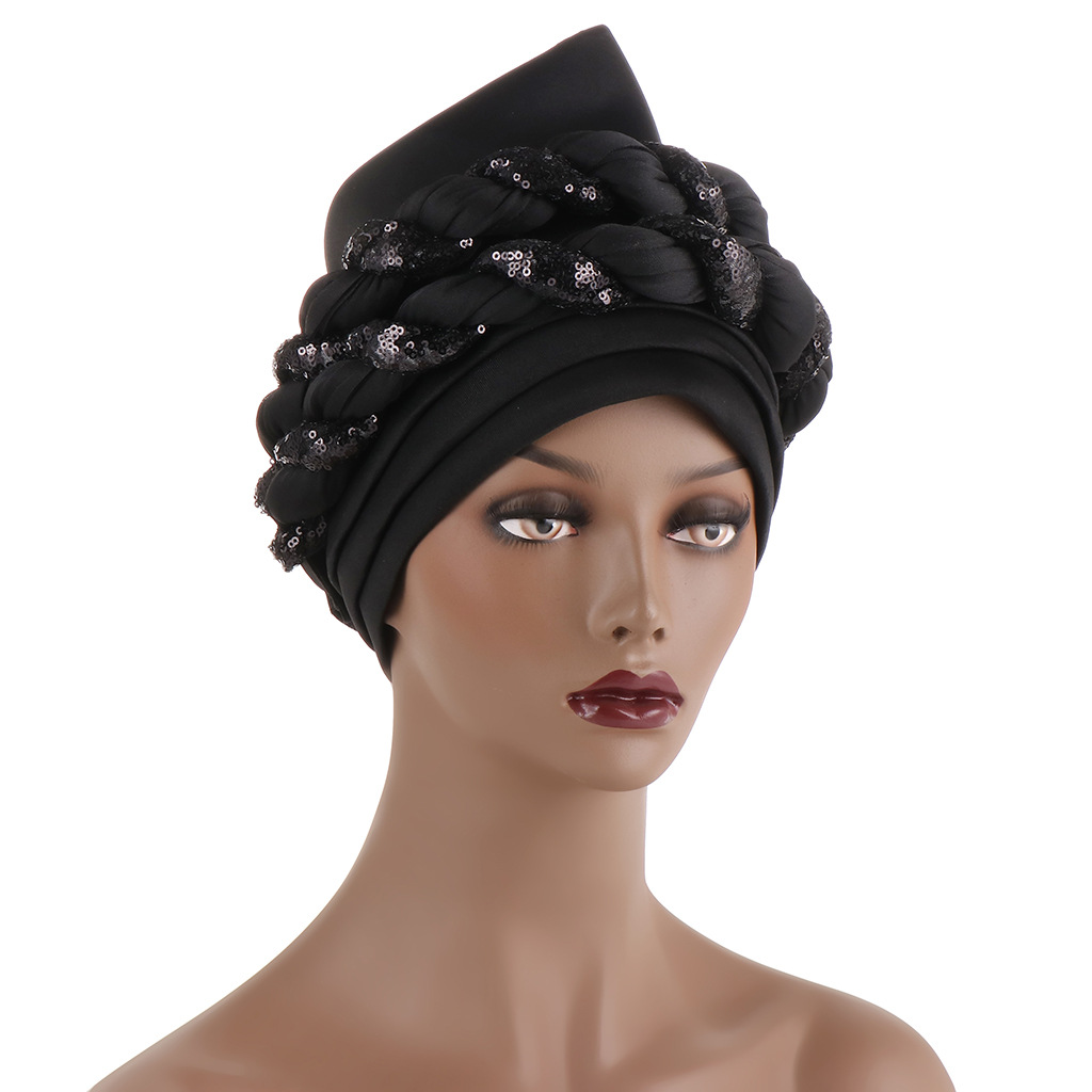 Muslim space layer two-color color matching sequined twist hijab hat fashion exaggerated dance hijab hat