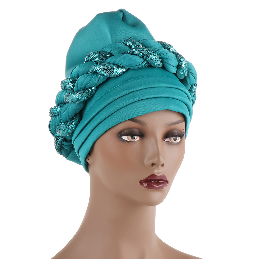 Muslim space layer two-color color matching sequined twist hijab hat fashion exaggerated dance hijab hat