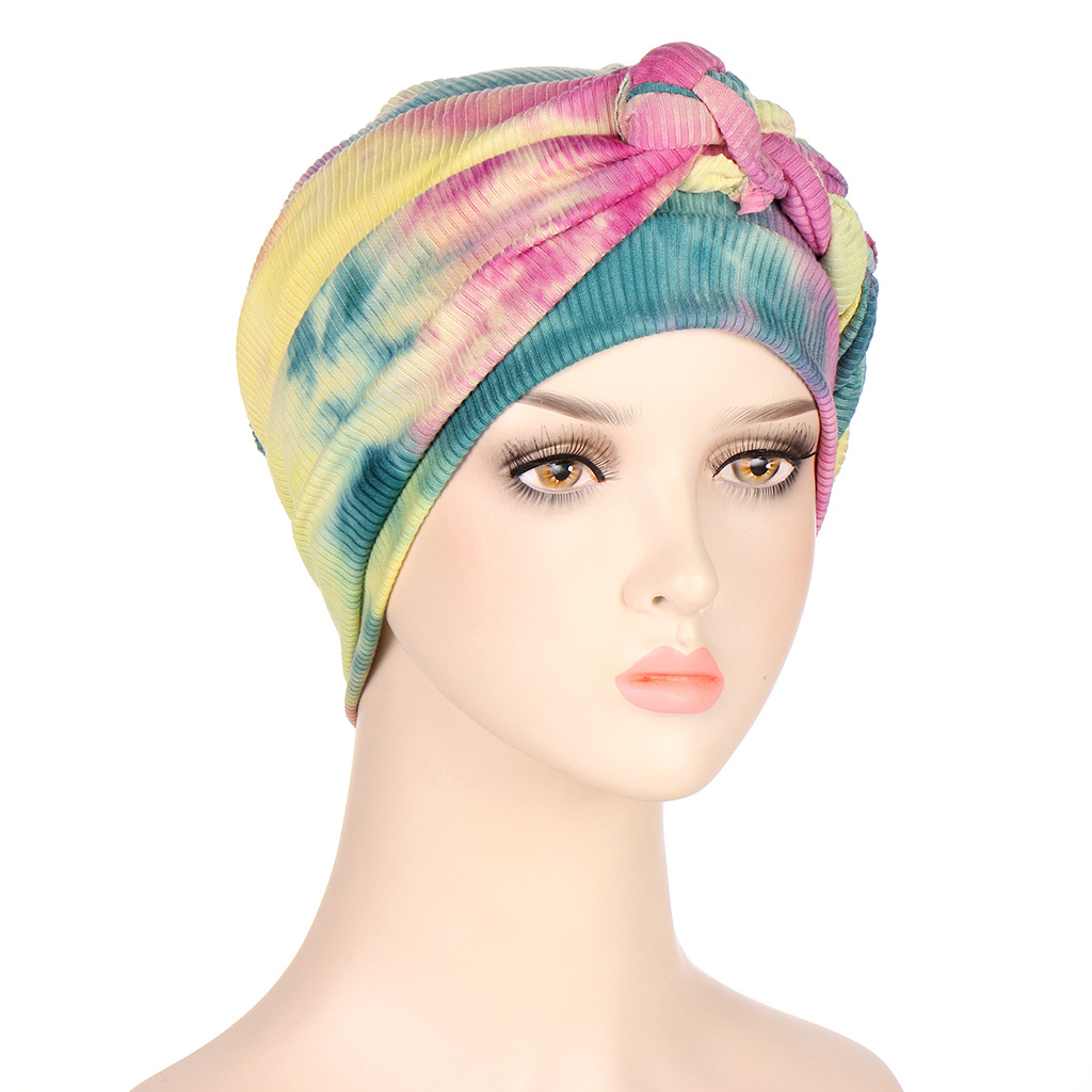 Muslim Side Braid Tie Dye Drawstring Multicolor Soft Hijab Hat