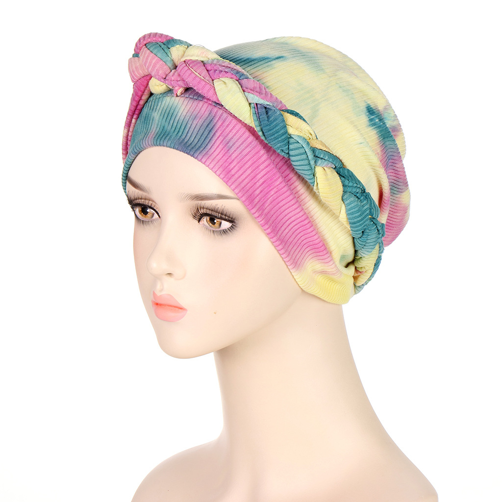 Muslim Side Braid Tie Dye Drawstring Multicolor Soft Hijab Hat