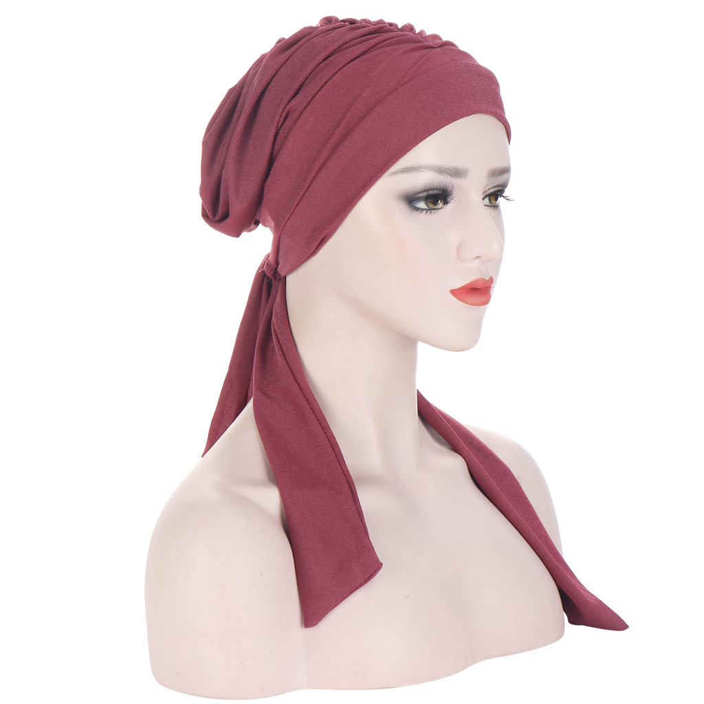 Hats Muslim fashion straps multicolor street beat pullover bright silk knitted fabric forehead fold long tail  Caps