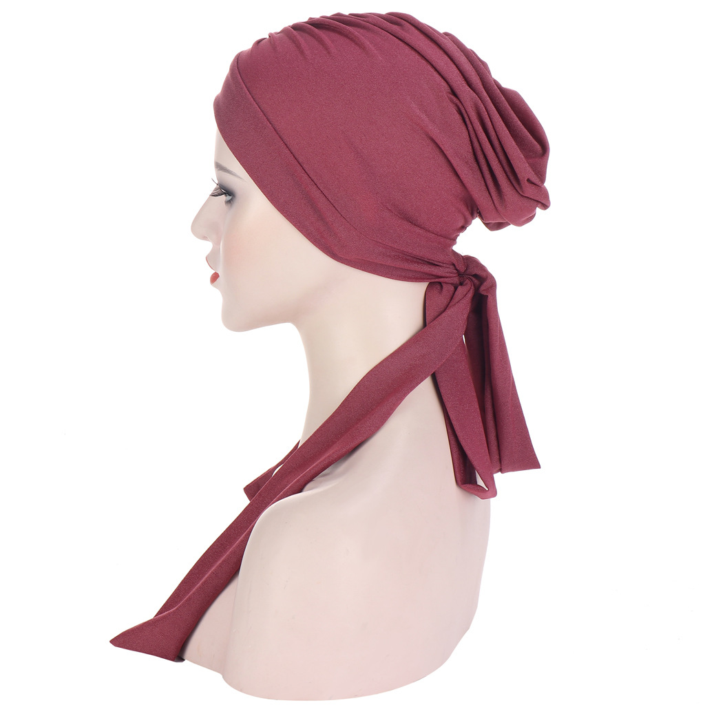 Hats Muslim fashion straps multicolor street beat pullover bright silk knitted fabric forehead fold long tail  Caps