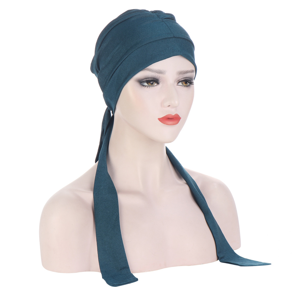 Hats Muslim fashion straps multicolor street beat pullover bright silk knitted fabric forehead fold long tail  Caps