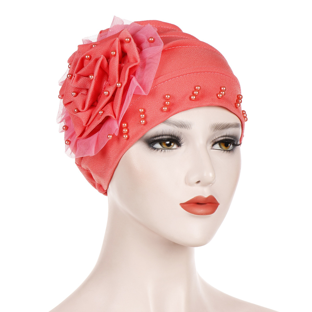 Muslim monochrome side flower headscarf hat mesh beaded Muslim Baotou hat ladies confinement hat