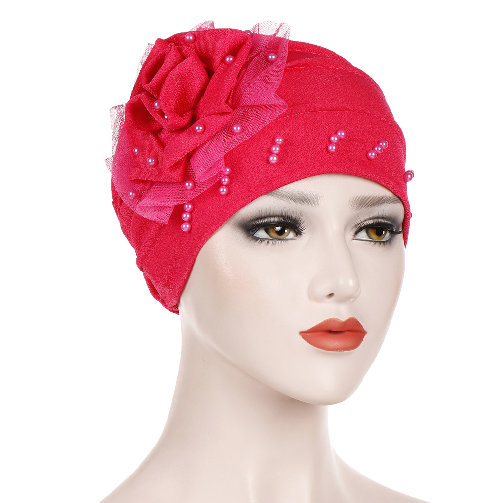 Muslim monochrome side flower headscarf hat mesh beaded Muslim Baotou hat ladies confinement hat