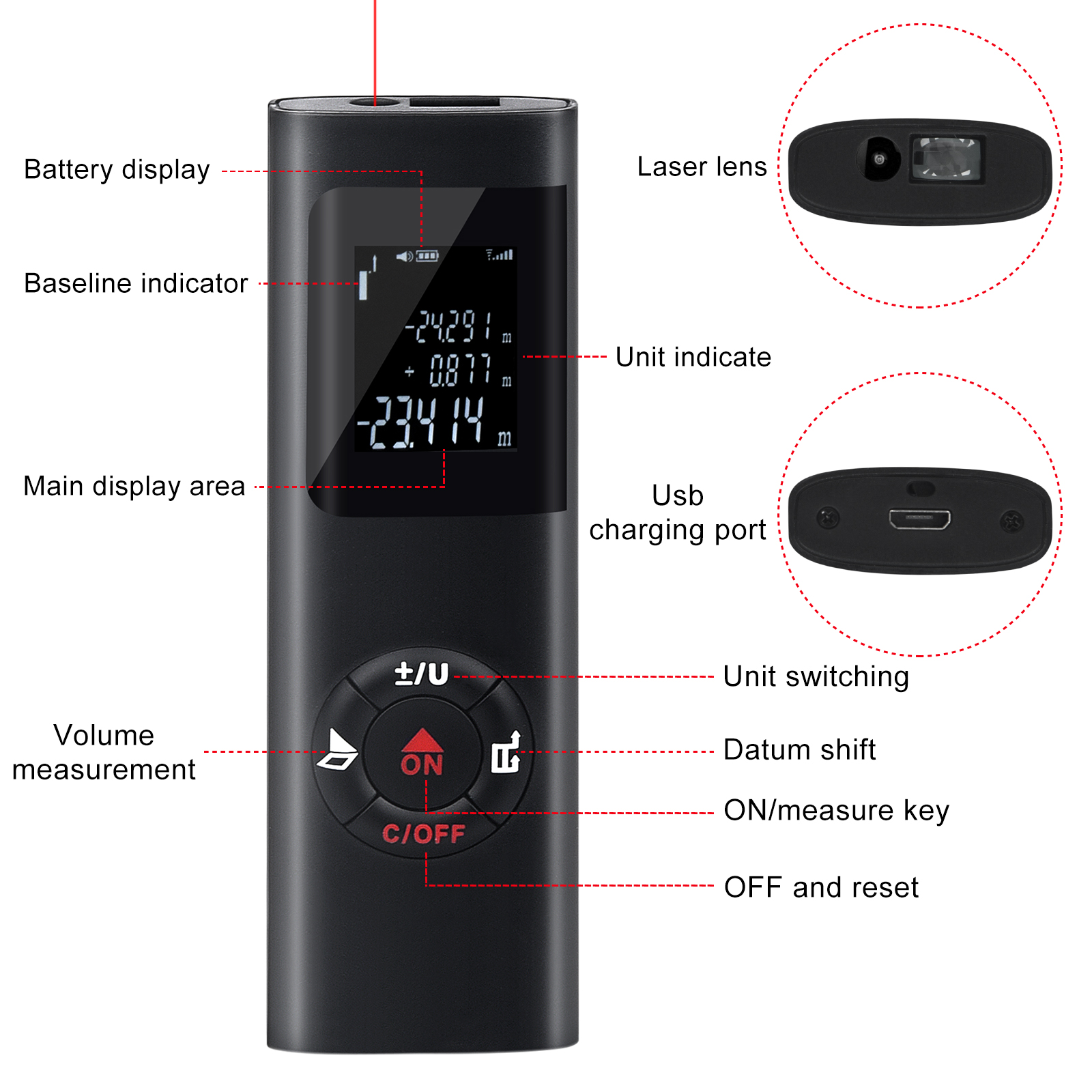 Laser range finder USB charging 40m Digital Distance Area tape measure rangefinder laser Digital Laser Distance Meter