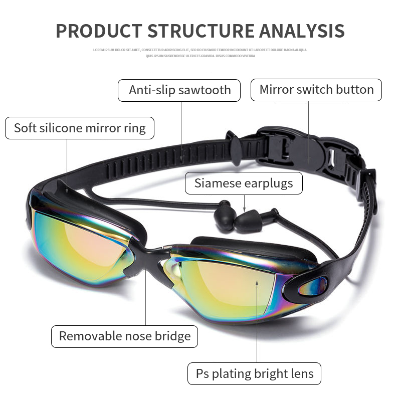 Professional Swimming Goggles Swimming Glasses with Earplugs Electroplate Waterproof Silicone Adluts